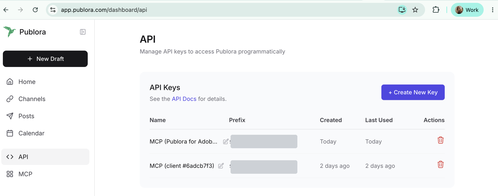 The API page in the Publora dashboard, with the API Keys list and the Create New Key button