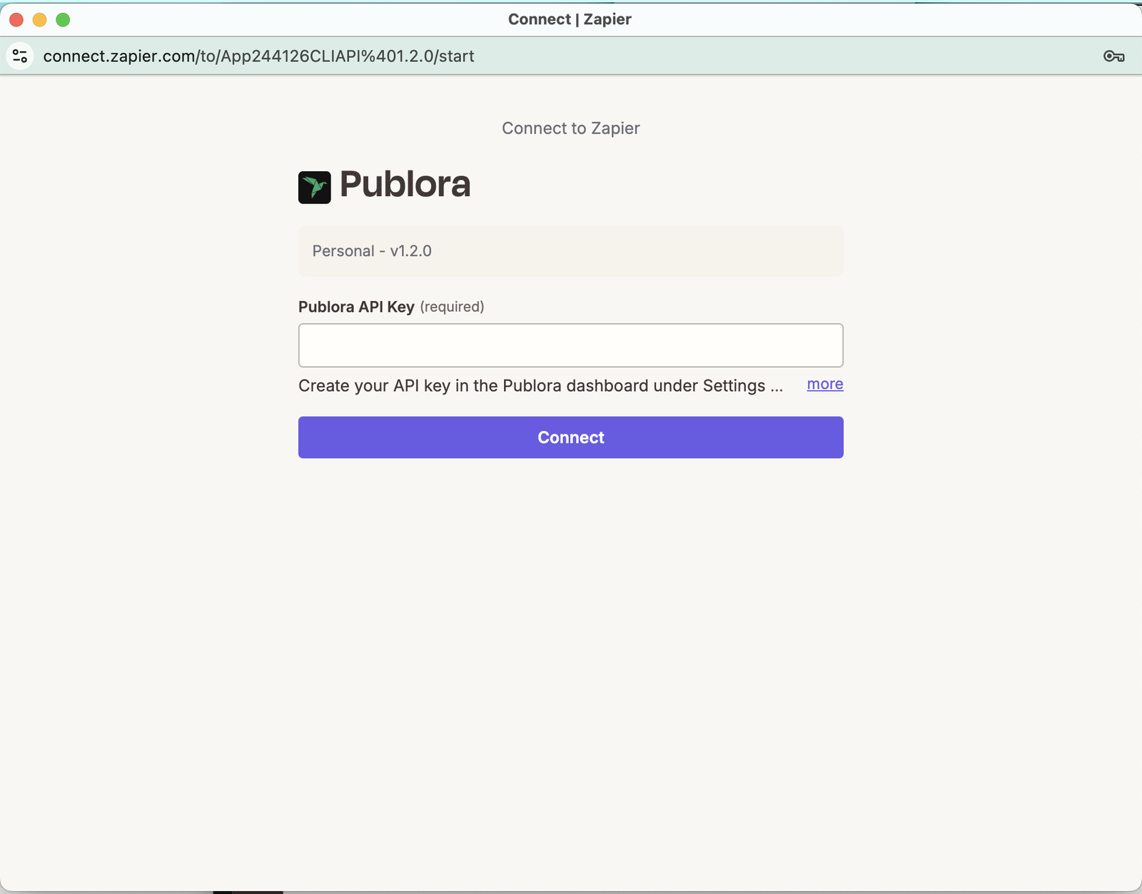 The Zapier connection window with the Publora API Key field