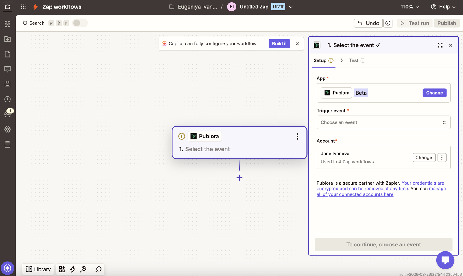 A connected Publora account in the Zap editor, in use by four Zap workflows