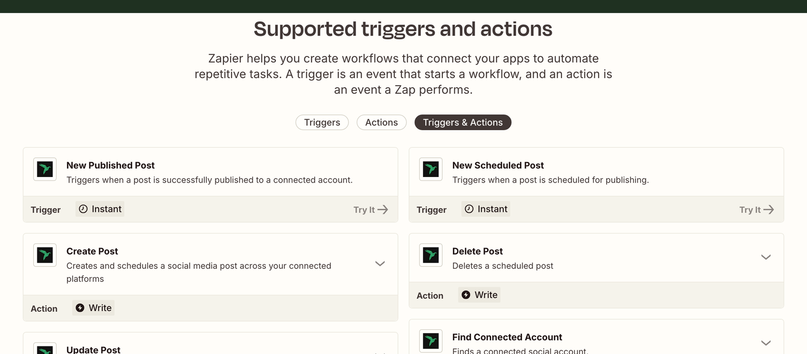 The New Published Post and New Scheduled Post triggers, both marked Instant, next to the Create Post and Delete Post actions