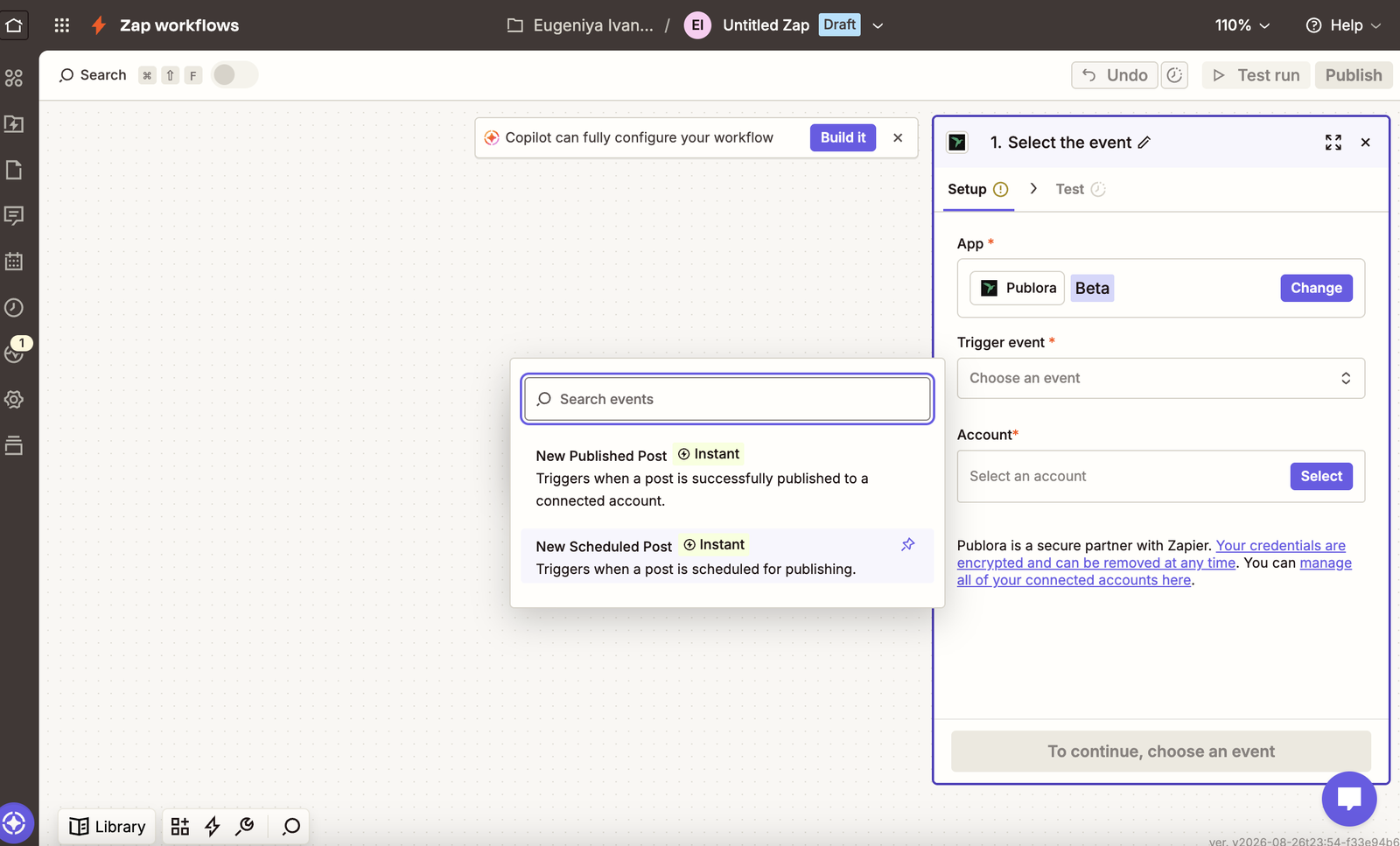 Choosing a Publora trigger event in the Zap editor