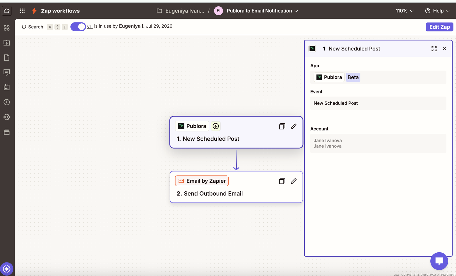 A live two-step Zap: New Scheduled Post in Publora followed by Send Outbound Email